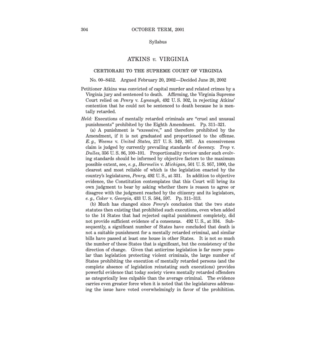 First page of the Supreme Court's decision in Atkins v. Virginia, 536 U.S. 304 (2002)