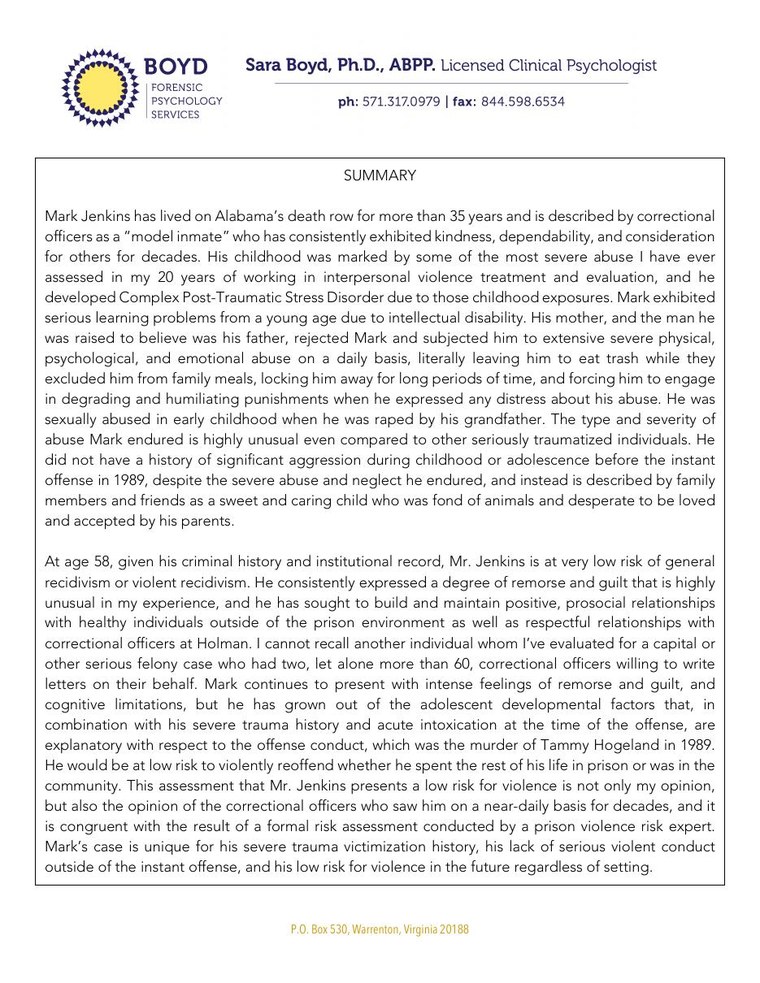 First page of the psychological evaluation of Mark Jenkins by Sara E. Boyd, Ph.D.