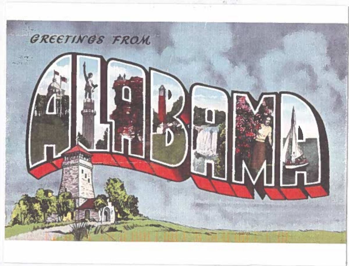 The picture side of Amy Cotton&rsquo;s postcard, a vintage &ldquo;Greetings from Alabama&rdquo; design.