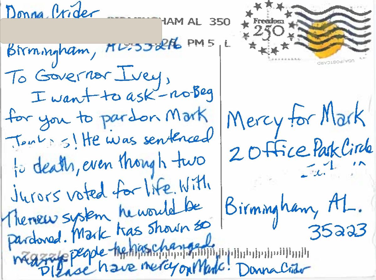 The handwritten message Donna Crider of Birmingham sent to Governor Ivey.