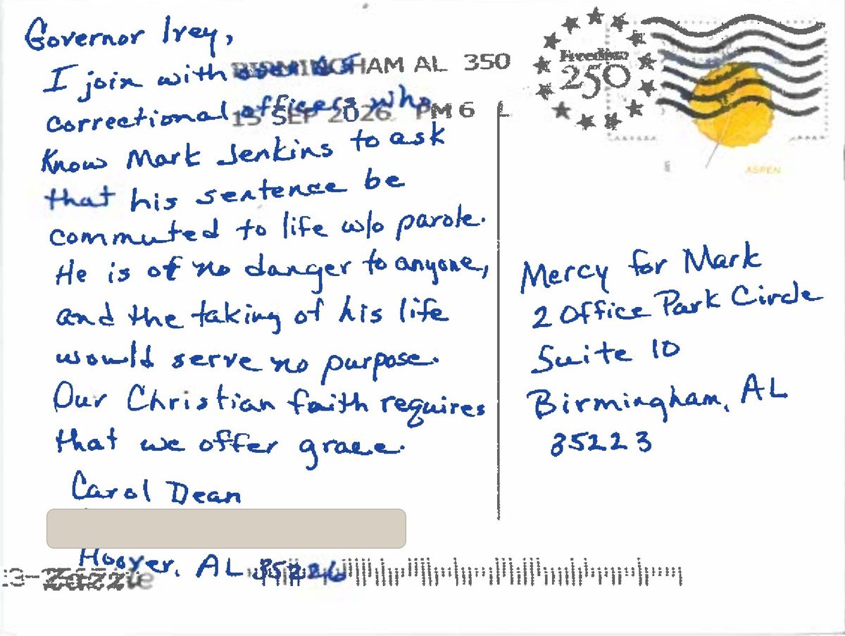 The handwritten message Carol Dean of Hoover sent to Governor Ivey.