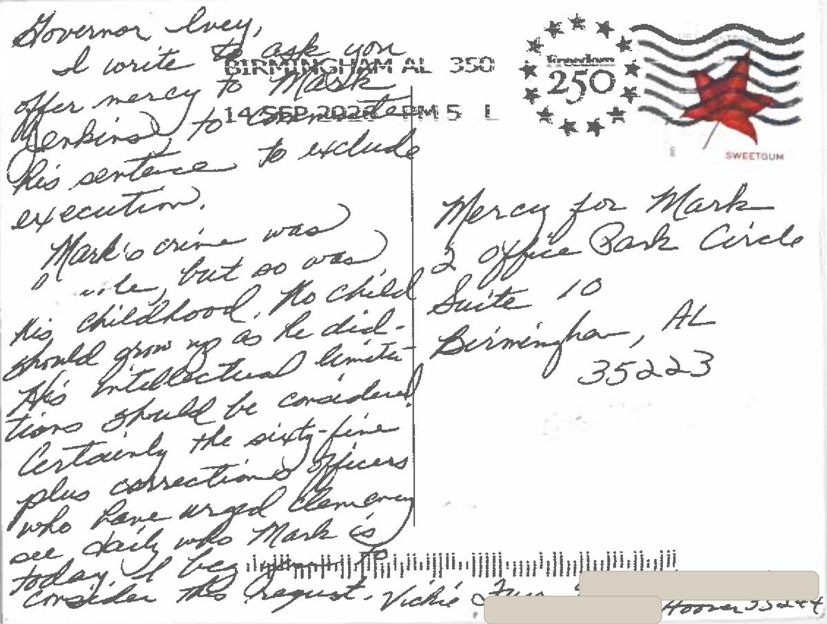 The handwritten message Vickie Furr of Hoover sent to Governor Ivey.