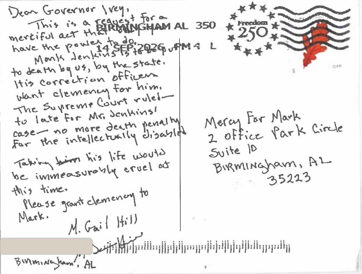 The handwritten message M. Gail Hill of Birmingham sent to Governor Ivey.