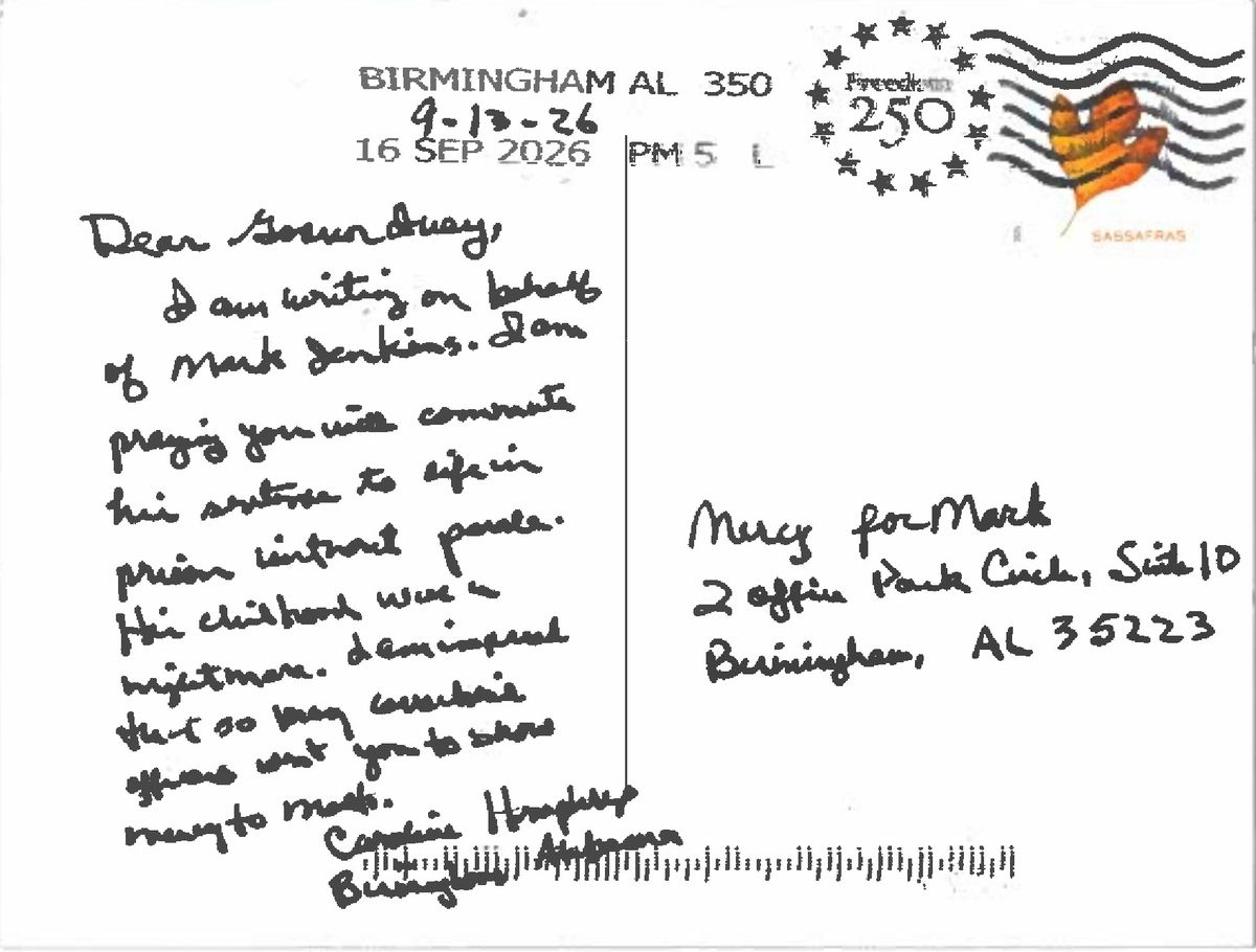 The handwritten message Caroline Humphreys of Birmingham sent to Governor Ivey.