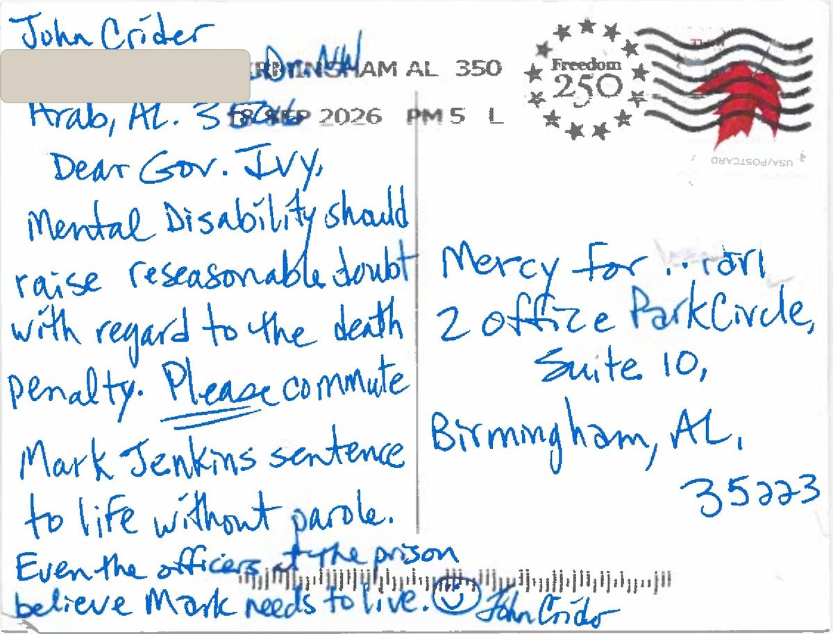 The handwritten message John Crider of Arab sent to Governor Ivey.