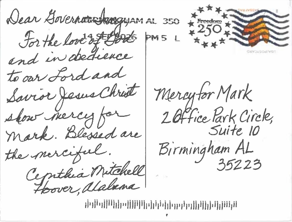 The handwritten message Cynthia Mitchell of Hoover sent to Governor Ivey.