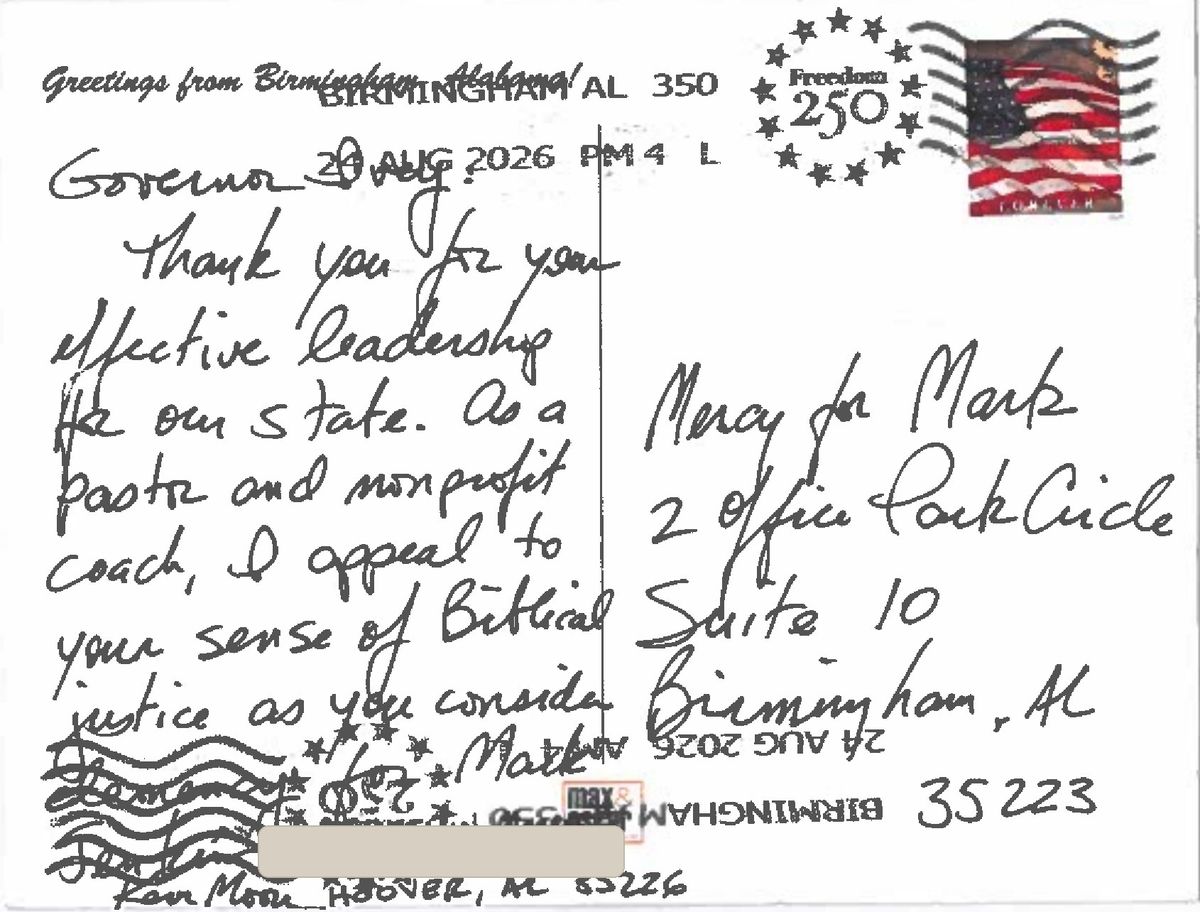 The handwritten message Rev. Kevin Moore of Hoover sent to Governor Ivey.