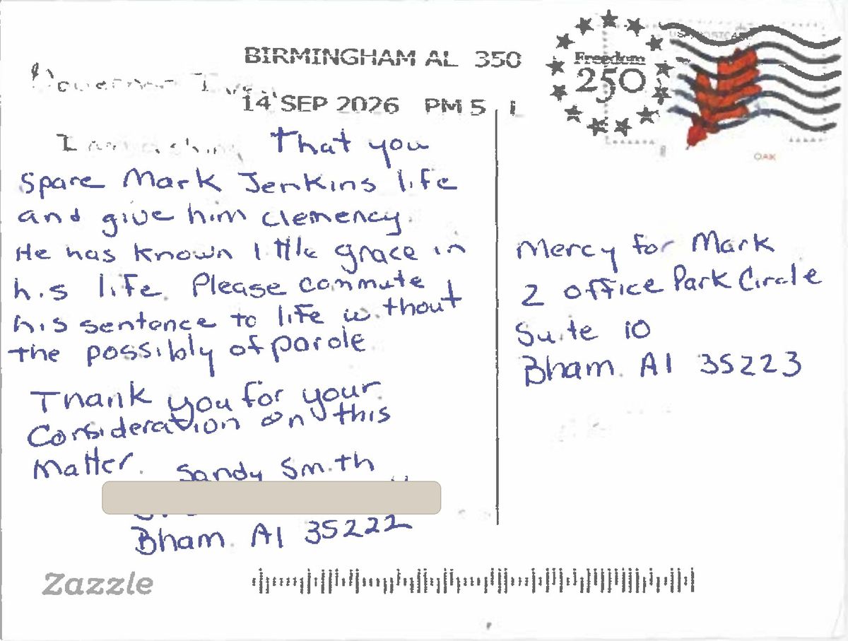 The handwritten message Sandy Smith of Birmingham sent to Governor Ivey.