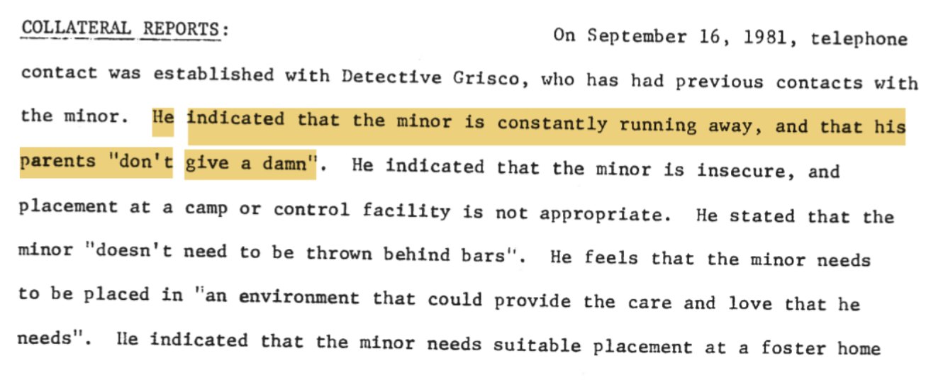 Excerpt from a 1981 collateral report describing Mark constantly running away and his parents' indifference