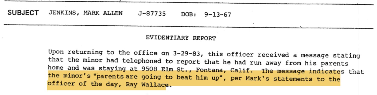 Excerpt from an evidentiary report recording that Mark's parents were going to beat him