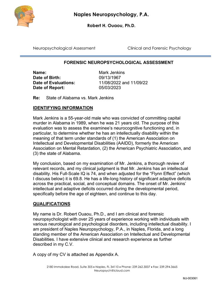 First page of the forensic neuropsychological assessment of Mark Jenkins by Robert H. Ouaou, Ph.D.